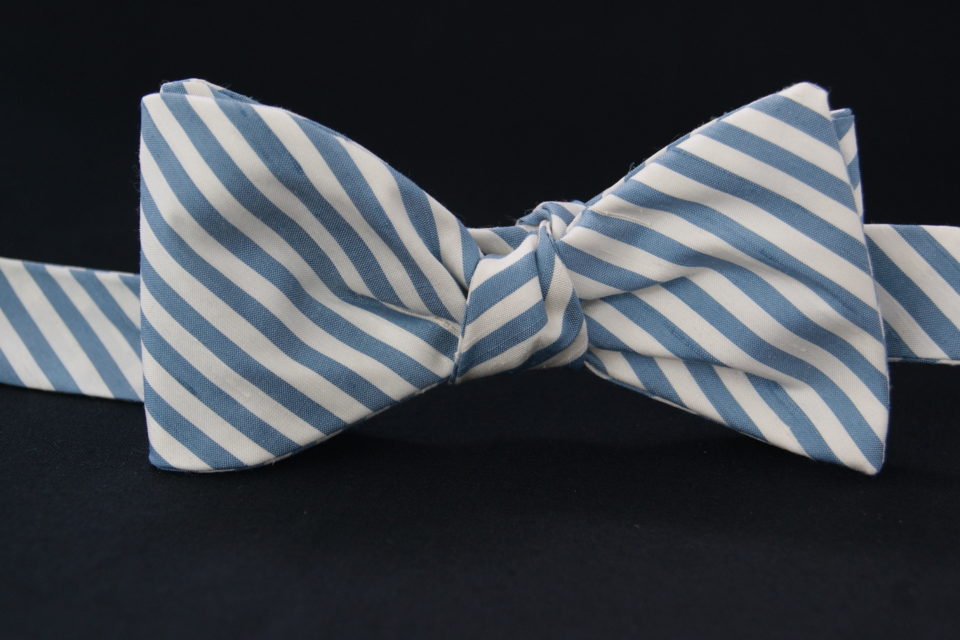 small stripe blue and white stripe bow tie