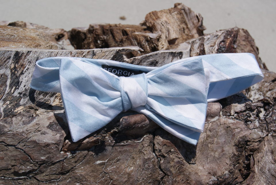 blue and white stripe bow tie